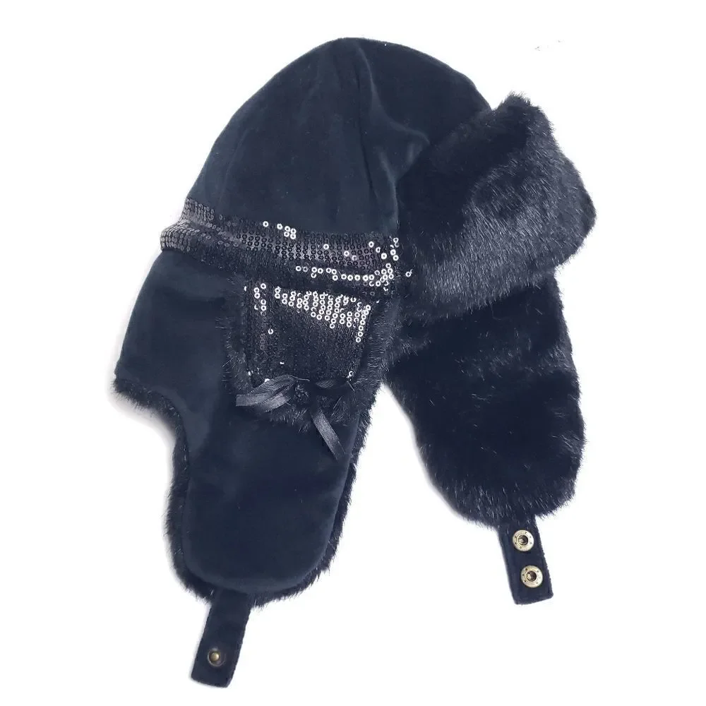 Black winter faux fur girls hat with sequins